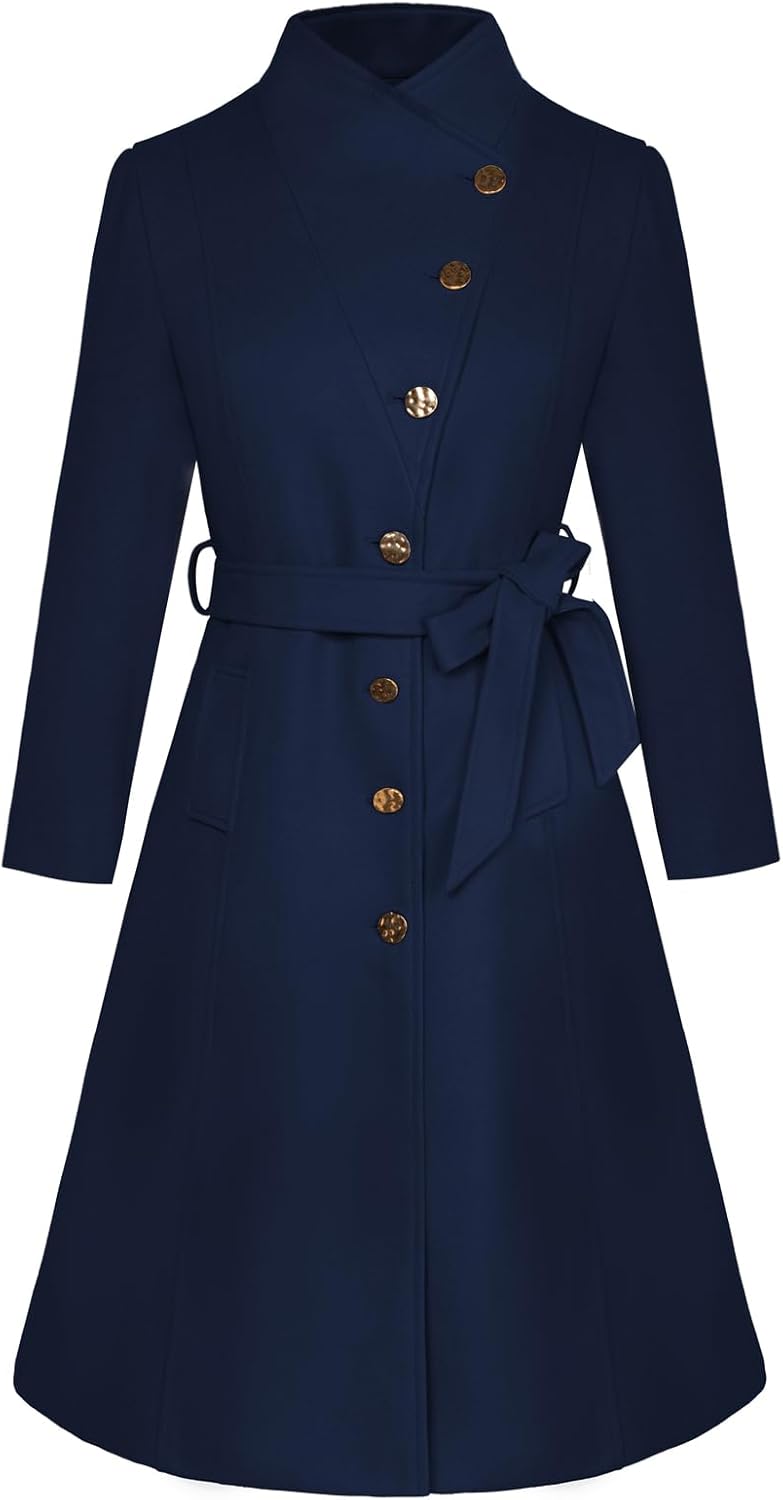 Women’s Winter Coat Fall Casual Notch Lapel Single Breasted Belted Midi Peacoat with Pockets
