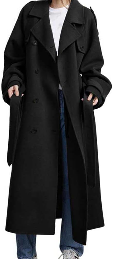 Women’s Winter Double Breasted Wool Coat Long Sleeve Notch Lapel Midi Long Winter Trench Coat with Belt