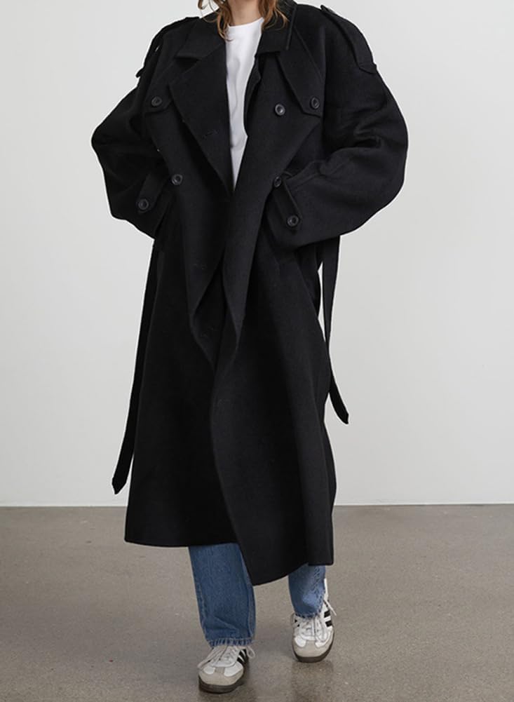 Women’s Winter Double Breasted Wool Coat Long Sleeve Notch Lapel Midi Long Winter Trench Coat with Belt