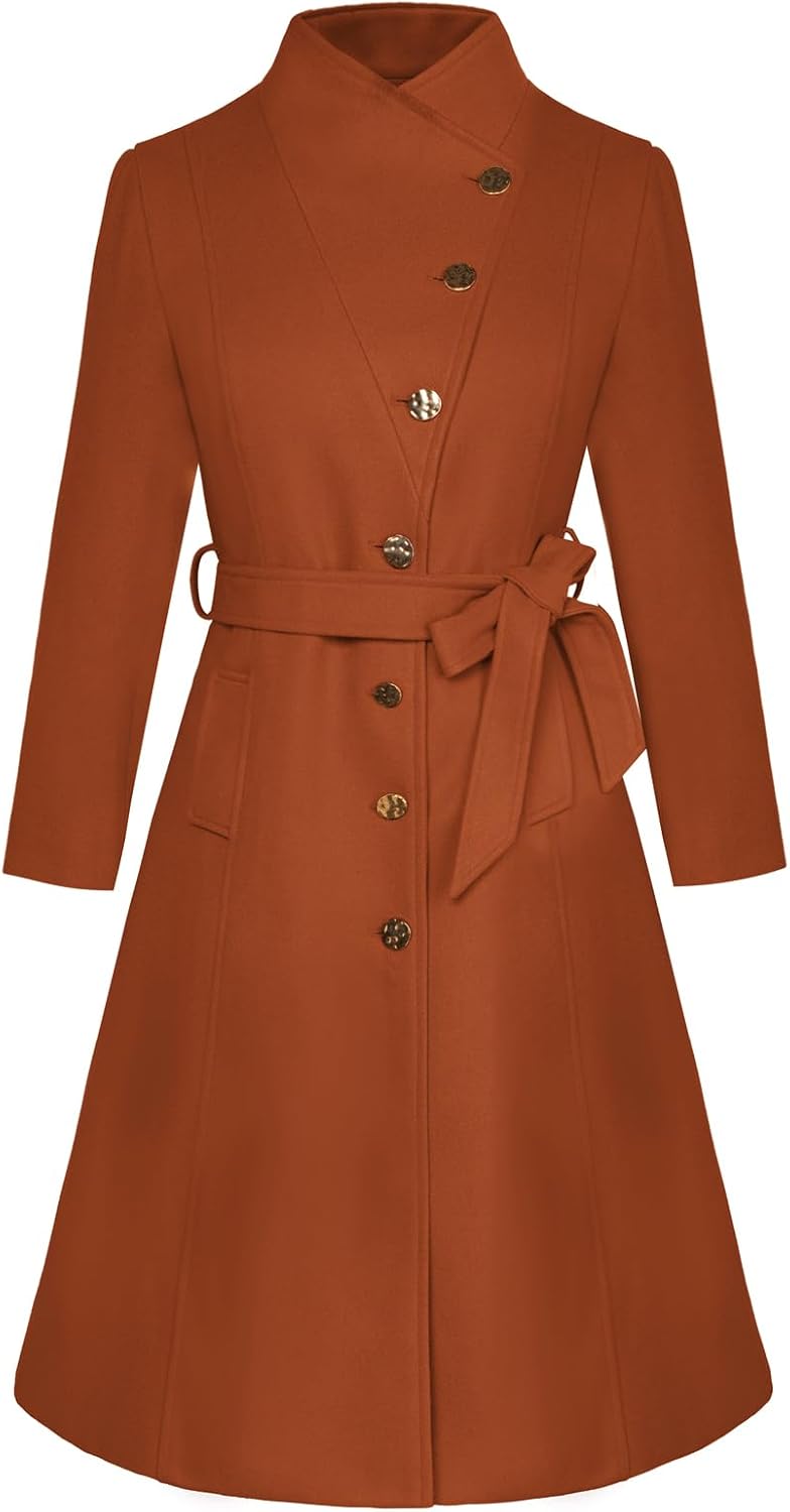 Women’s Winter Coat Fall Casual Notch Lapel Single Breasted Belted Midi Peacoat with Pockets