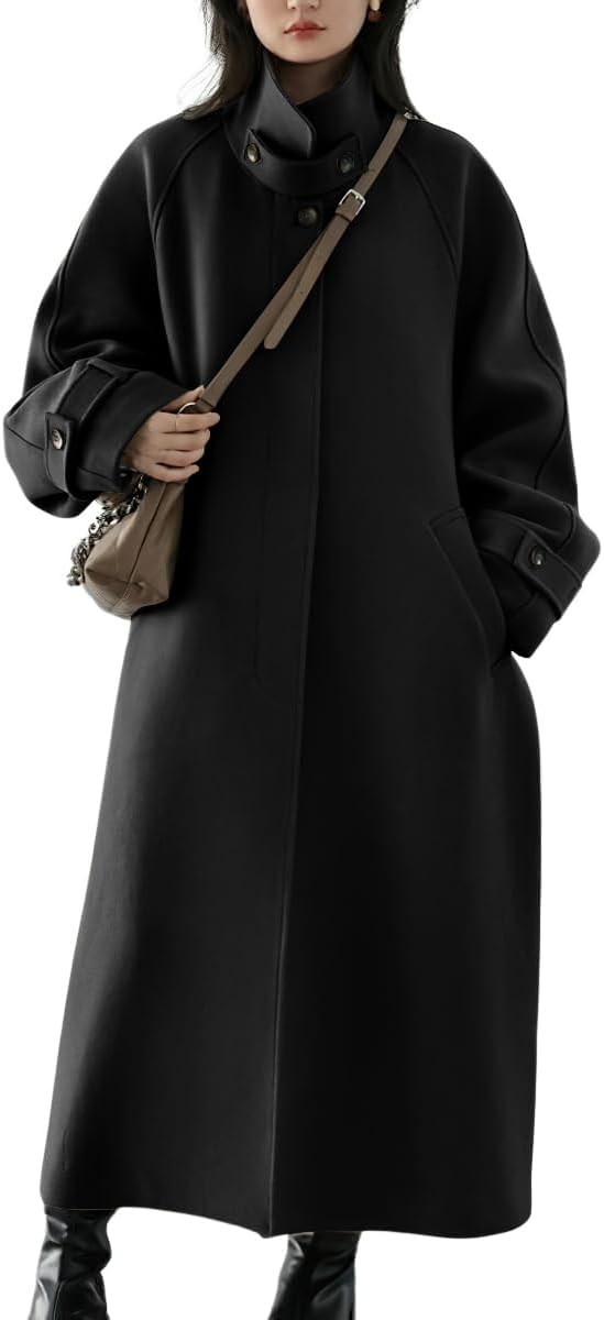 Women’s Winter Hidden Single Breasted Wool Coat Raglan Sleeve Business Long Wool Overcoat