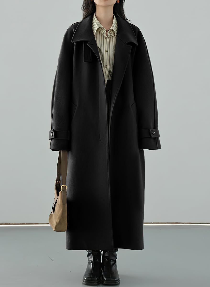 Women’s Winter Hidden Single Breasted Wool Coat Raglan Sleeve Business Long Wool Overcoat